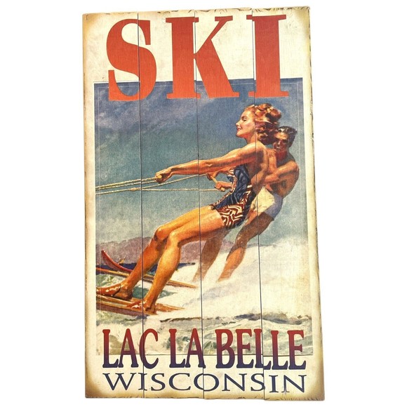 Retro Water Ski Couple Wood Pallet Sign Lac La Belle Wisconsin Wall Decor 18X30"